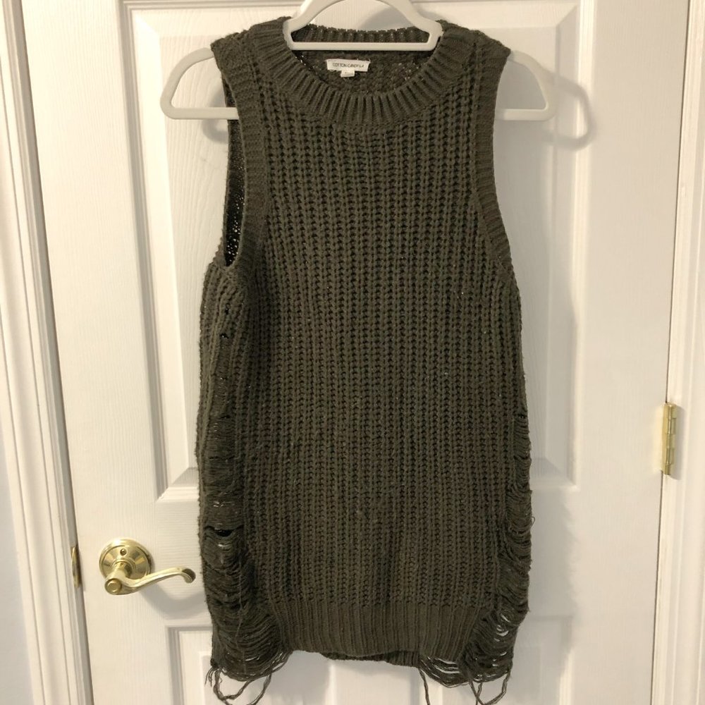 Olive Green Distressed Oversized Sweater Knit Tank
